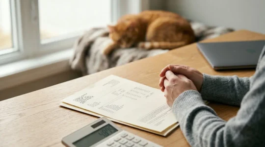 Propriétaire de chat examinant une facture vétérinaire avec calculatrice et documents d'assurance
