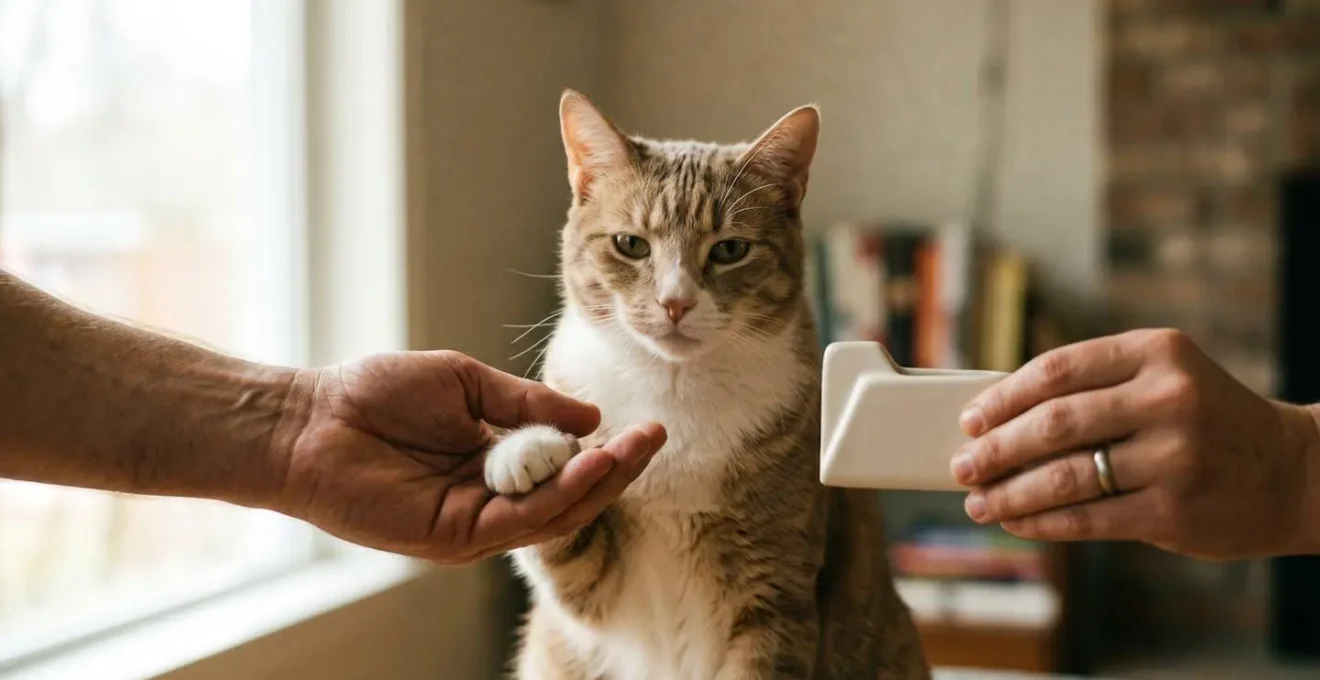 Composition visuelle illustrant la différence entre propriété légale et garde de fait d'un chat