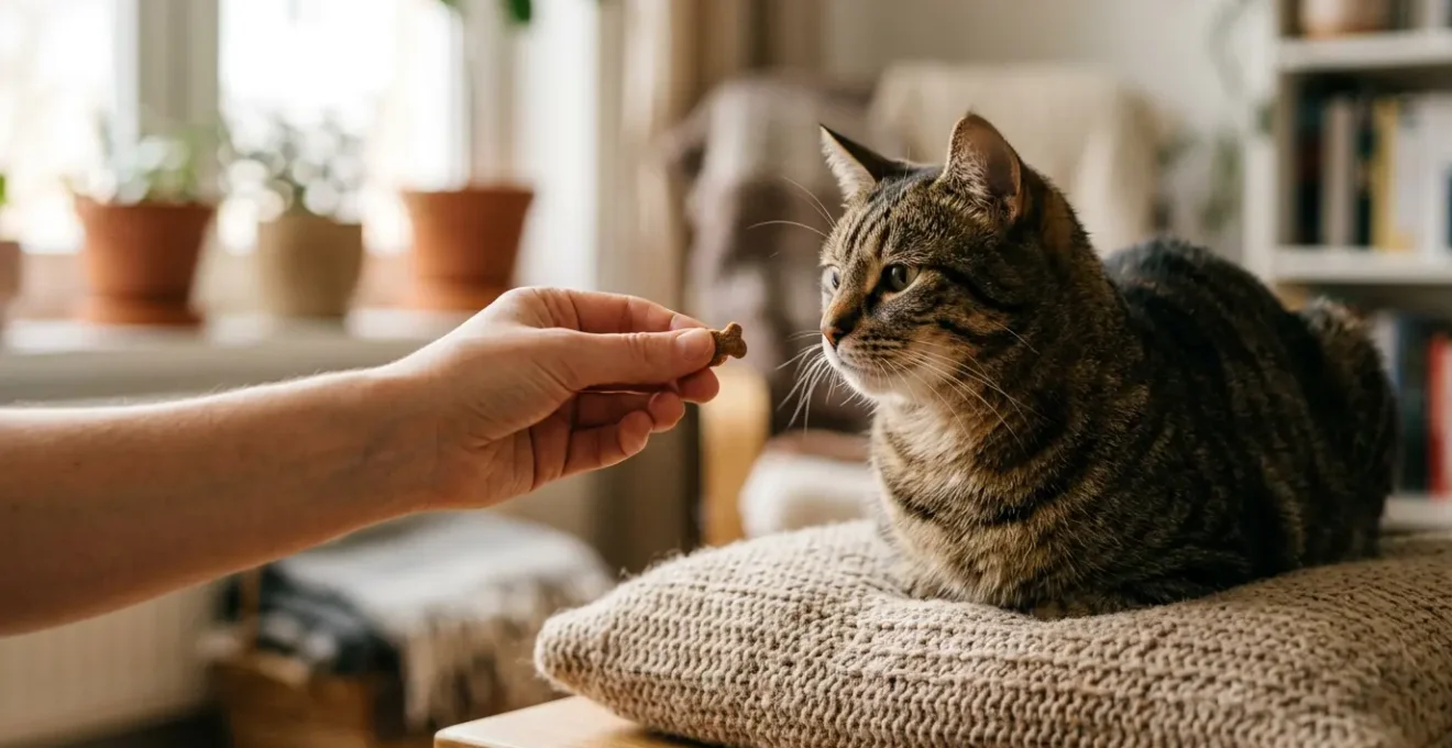 Chat en posture détendue recevant une friandise dans un environnement calme et apaisant