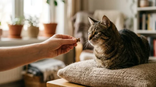 Chat en posture détendue recevant une friandise dans un environnement calme et apaisant