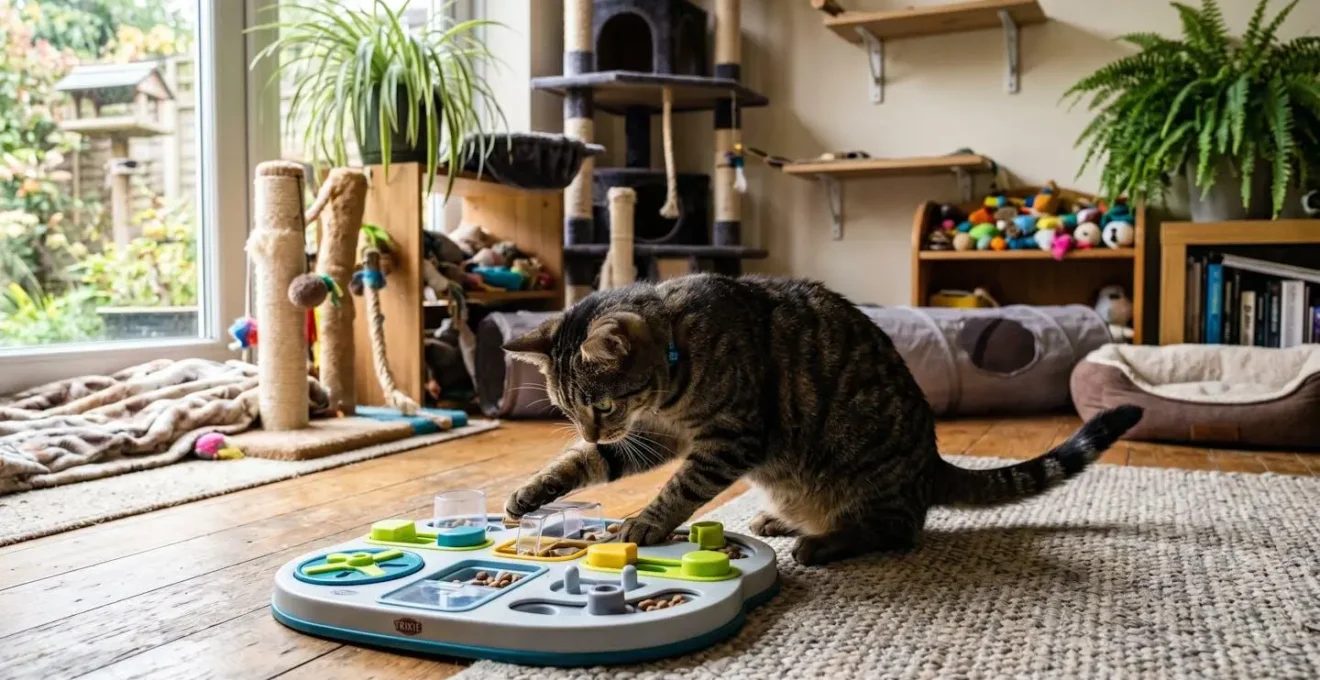 Chat interagissant avec un dispositif d'enrichissement alimentaire dans un environnement stimulant