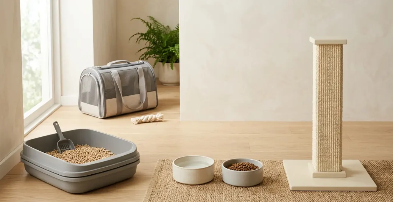 Équipement essentiel pour chat dans un espace organisé et minimaliste