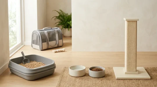 Équipement essentiel pour chat dans un espace organisé et minimaliste