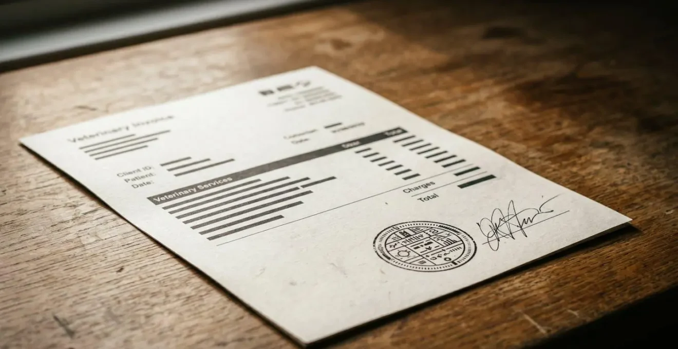 Vue rapprochée d'une facture vétérinaire avec tampon et signature du praticien, symbolisant l'importance de la validation officielle des documents
