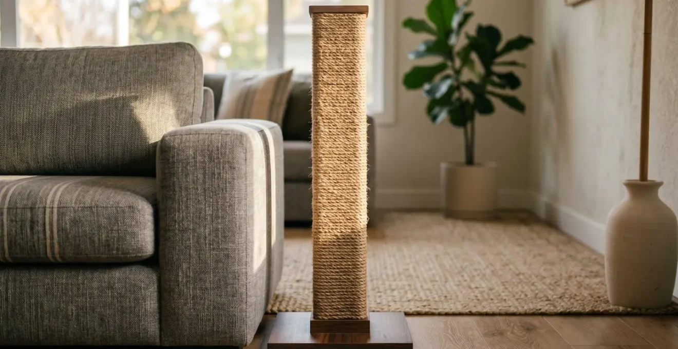 Griffoir vertical en sisal placé stratégiquement à côté d'un canapé dans un salon lumineux