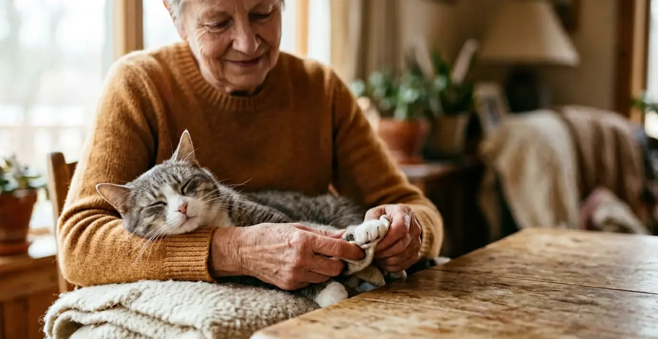 Propriétaire prodiguant des soins préventifs à son chat dans une ambiance douce et rassurante