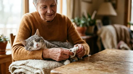 Propriétaire prodiguant des soins préventifs à son chat dans une ambiance douce et rassurante