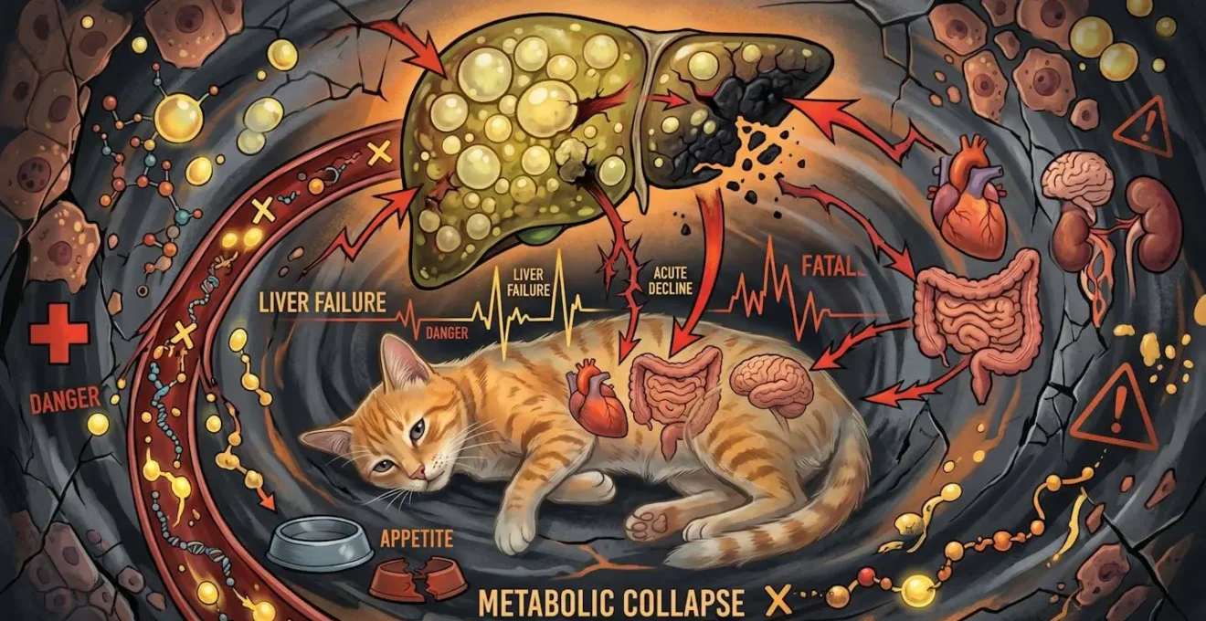 Représentation symbolique des dangers de la lipidose hépatique chez le chat avec éléments médicaux