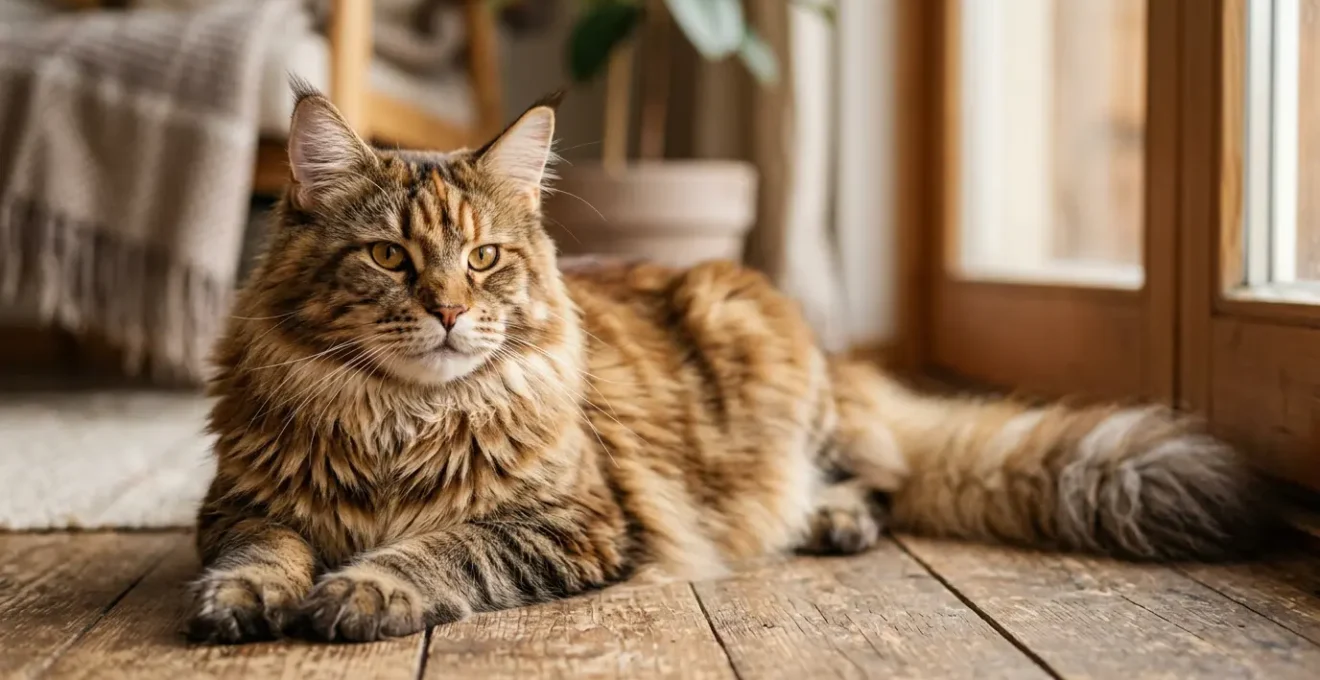 Maine Coon majestueux aux articulations puissantes dans un environnement naturel évoquant la nutrition et la santé