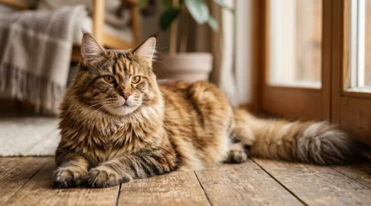 Maine Coon majestueux aux articulations puissantes dans un environnement naturel évoquant la nutrition et la santé