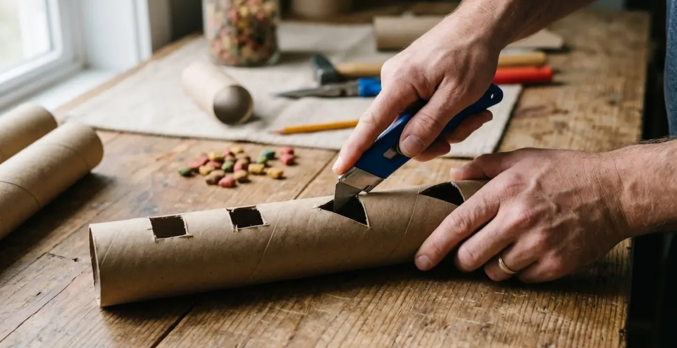 Mains en train de découper des ouvertures dans un rouleau de carton pour créer un puzzle alimentaire DIY