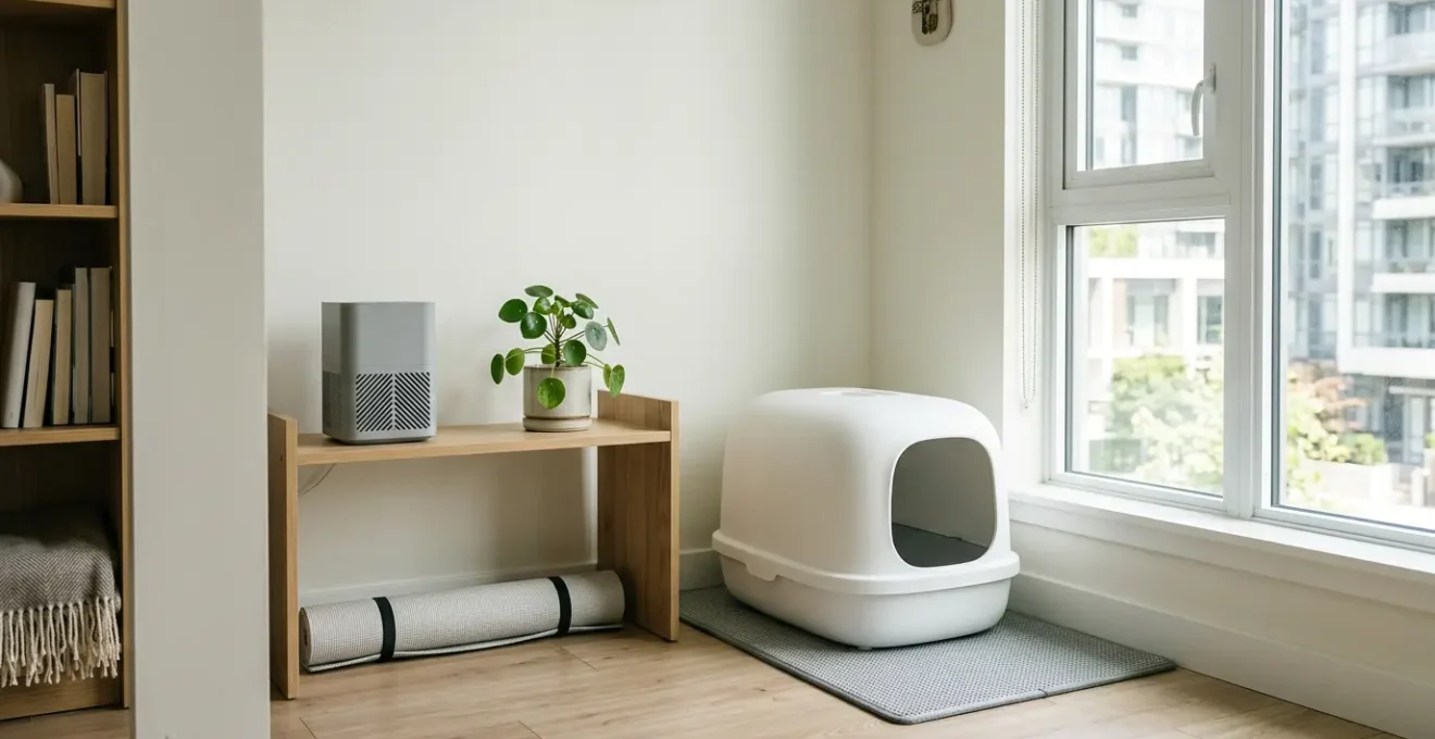Installation moderne de litière pour chat dans un petit appartement, avec système de purification d'air