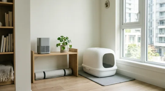 Installation moderne de litière pour chat dans un petit appartement, avec système de purification d'air