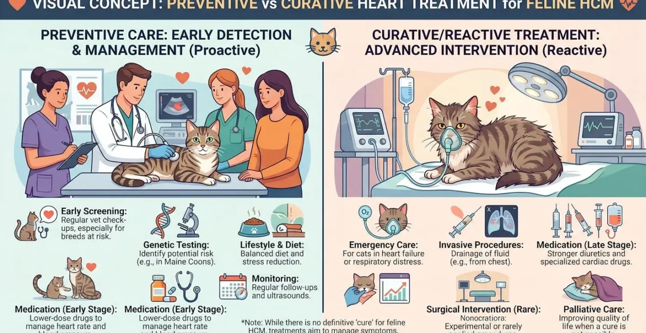 Concept visuel du traitement cardiaque préventif versus curatif pour la cardiomyopathie hypertrophique féline