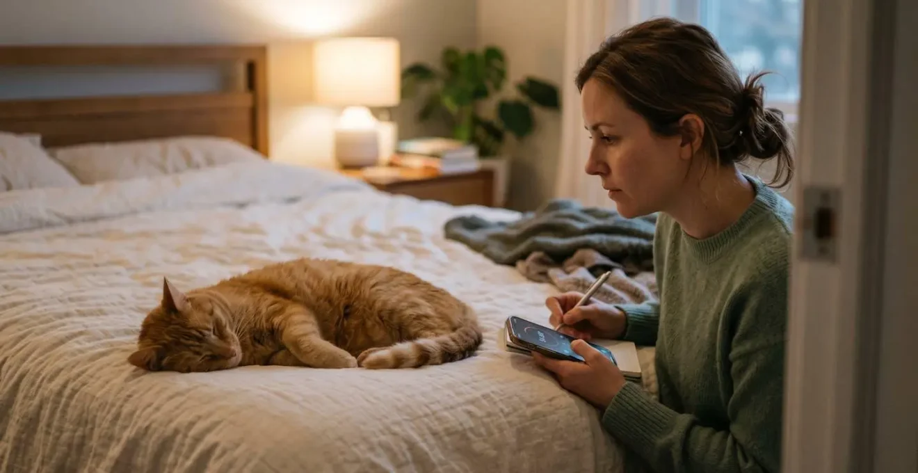 Propriétaire observant discrètement son chat endormi pour mesurer sa fréquence respiratoire au repos à domicile