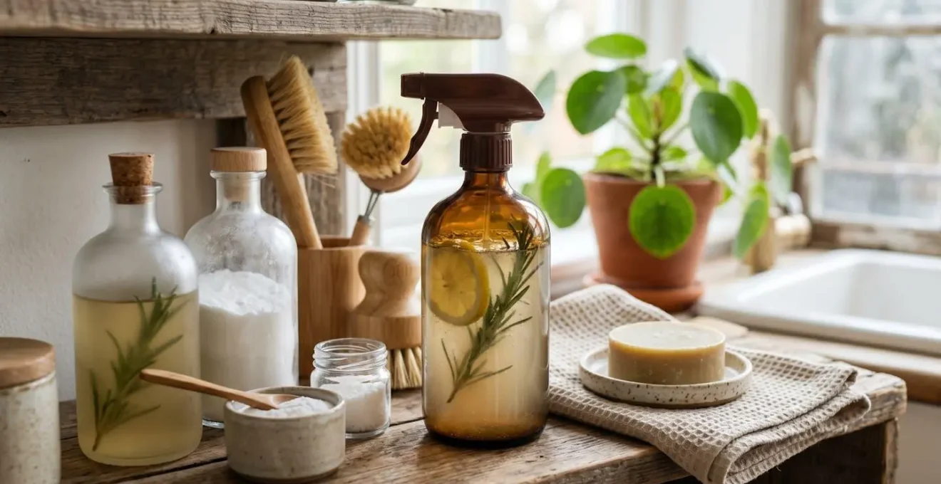 Gros plan sur des produits de nettoyage naturels et écologiques sans texte visible