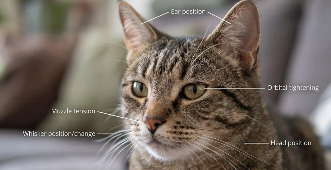 Gros plan sur le visage d'un chat montrant les zones d'observation de la Feline Grimace Scale