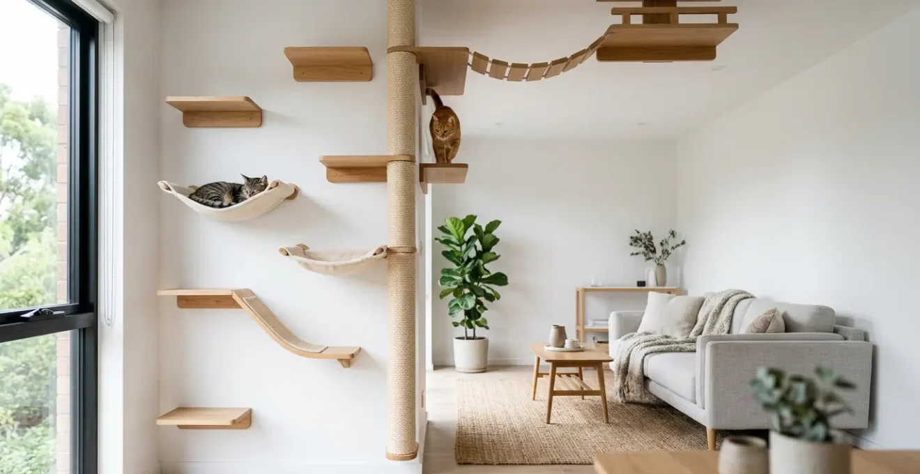 Environnement vertical aménagé pour chats en appartement avec plateformes murales et zones de repos en hauteur