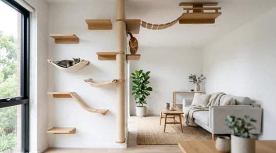 Environnement vertical aménagé pour chats en appartement avec plateformes murales et zones de repos en hauteur