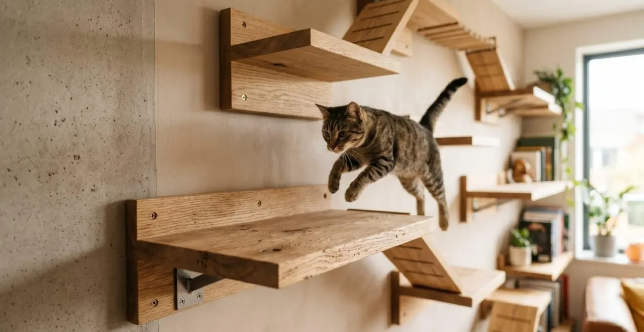 Installation murale de plateformes et étagères pour chats créant un circuit vertical fluide le long d'un mur de salon