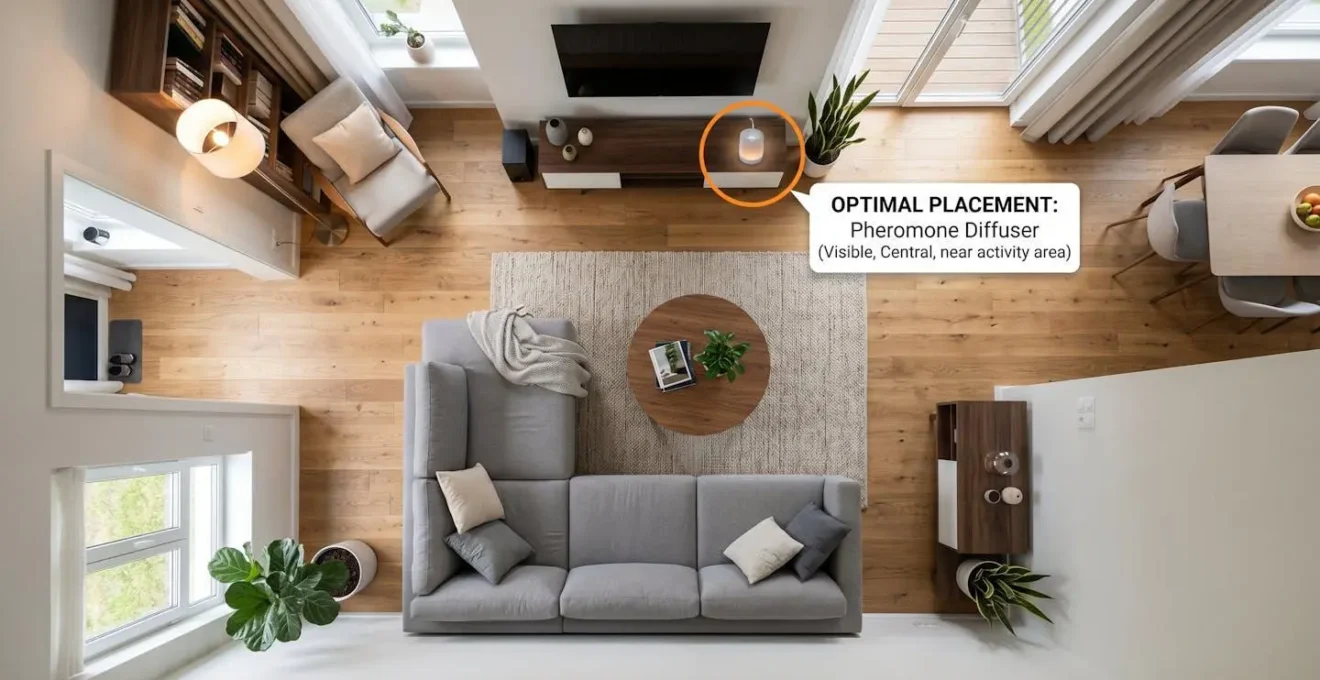 Vue en plongée d'un salon moderne montrant l'emplacement optimal d'un diffuseur de phéromones