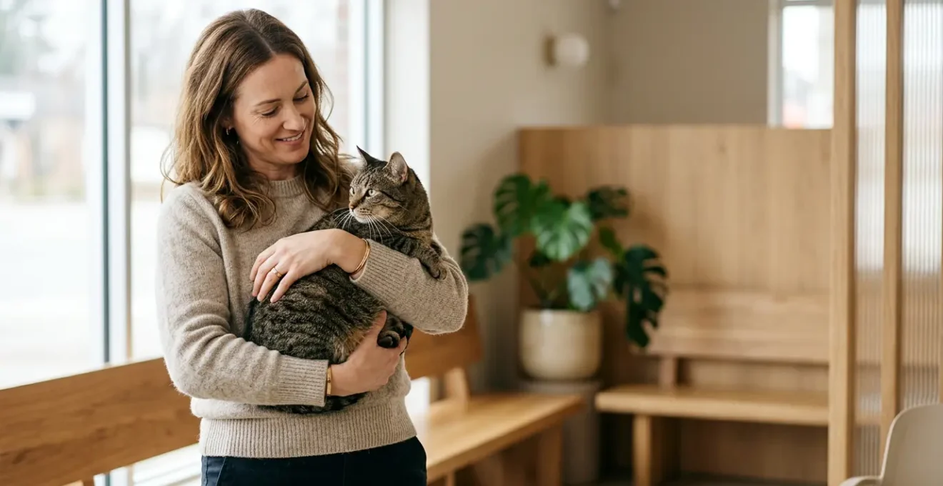 Propriétaire rassuré avec son chat après consultation vétérinaire, scène naturelle illustrant la sérénité face aux remboursements d'assurance