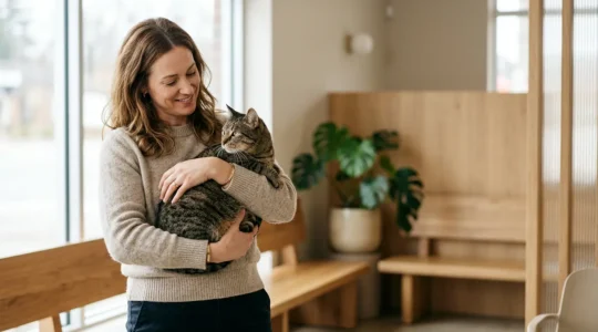 Propriétaire rassuré avec son chat après consultation vétérinaire, scène naturelle illustrant la sérénité face aux remboursements d'assurance