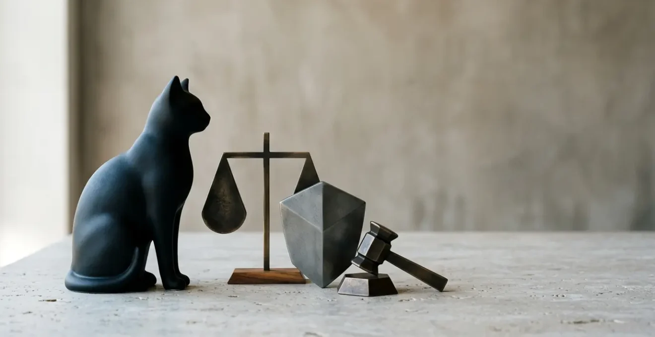 Scène évoquant la protection juridique des propriétaires de chats en France avec ambiance éditoriale professionnelle