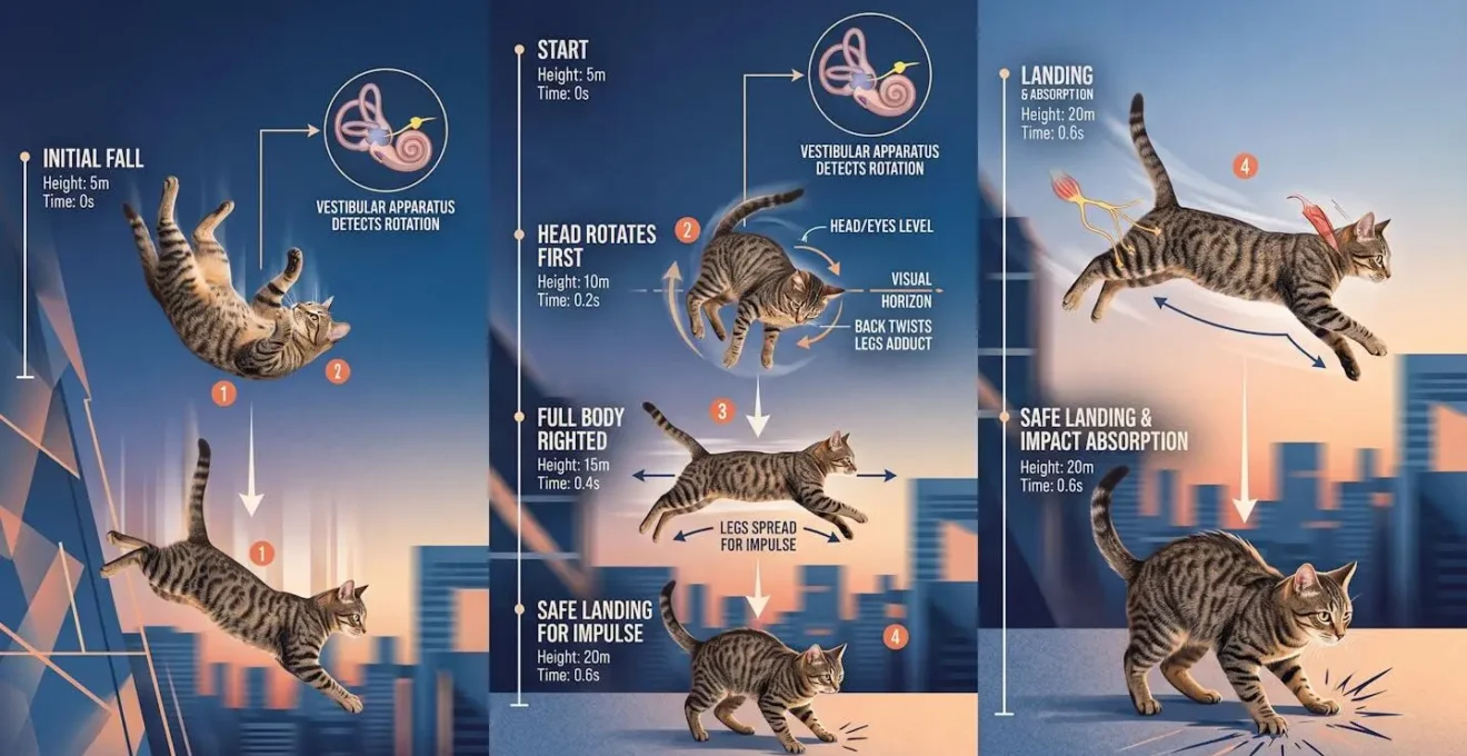 Visualisation symbolique du réflexe de redressement du chat lors d'une chute de hauteur variable