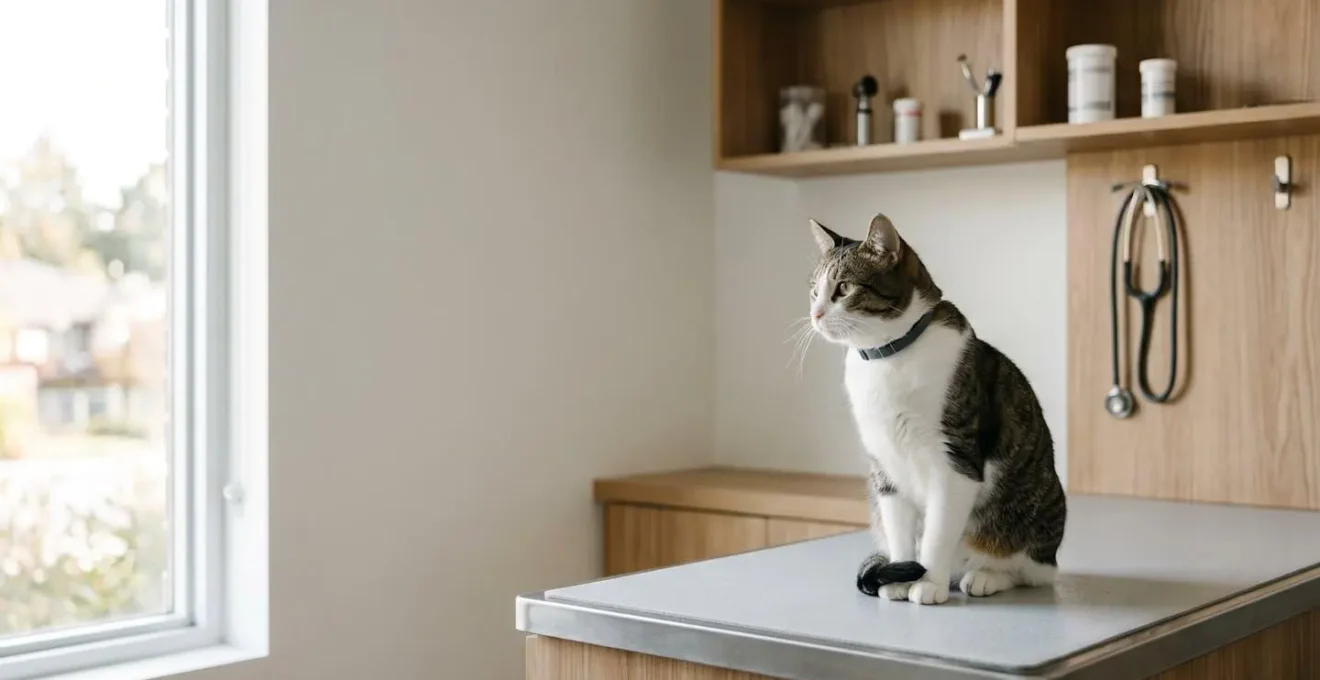Vue organisée et minimaliste suggérant la planification stratégique des soins vétérinaires pour un chat