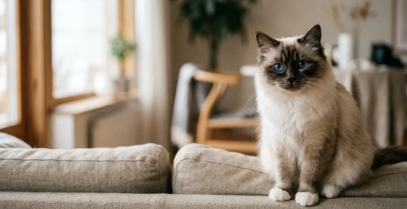 Portrait d'un chat Sacré de Birmanie aux yeux bleus profonds et gants blancs, exprimant son besoin de présence humaine
