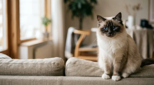 Portrait d'un chat Sacré de Birmanie aux yeux bleus profonds et gants blancs, exprimant son besoin de présence humaine