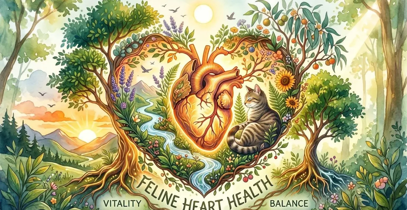 Représentation symbolique de la santé cardiaque féline avec éléments naturels évoquant la vitalité