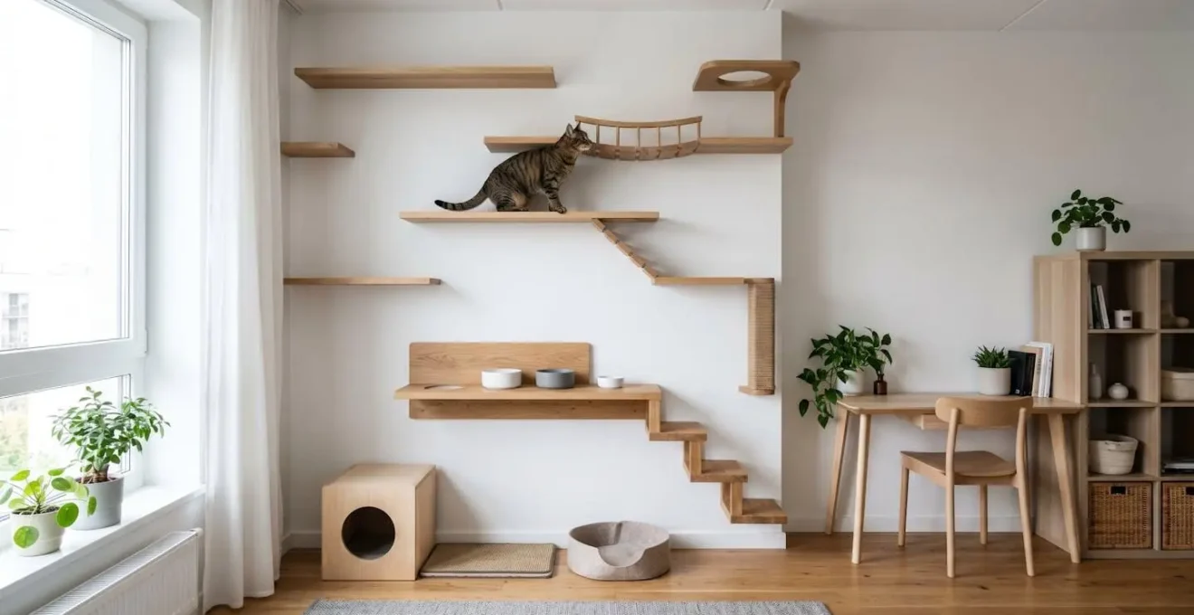 Aménagement vertical d'un petit appartement montrant les différentes zones de vie d'un chat en hauteur