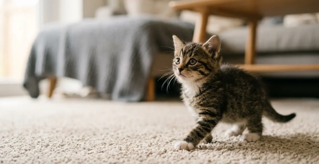 Chaton tigré âgé de 4 semaines découvrant son environnement dans un espace domestique sécurisé