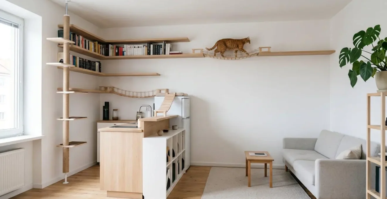 Vue d'ensemble d'un petit studio avec aménagement vertical optimisé pour chat sans encombrement au sol