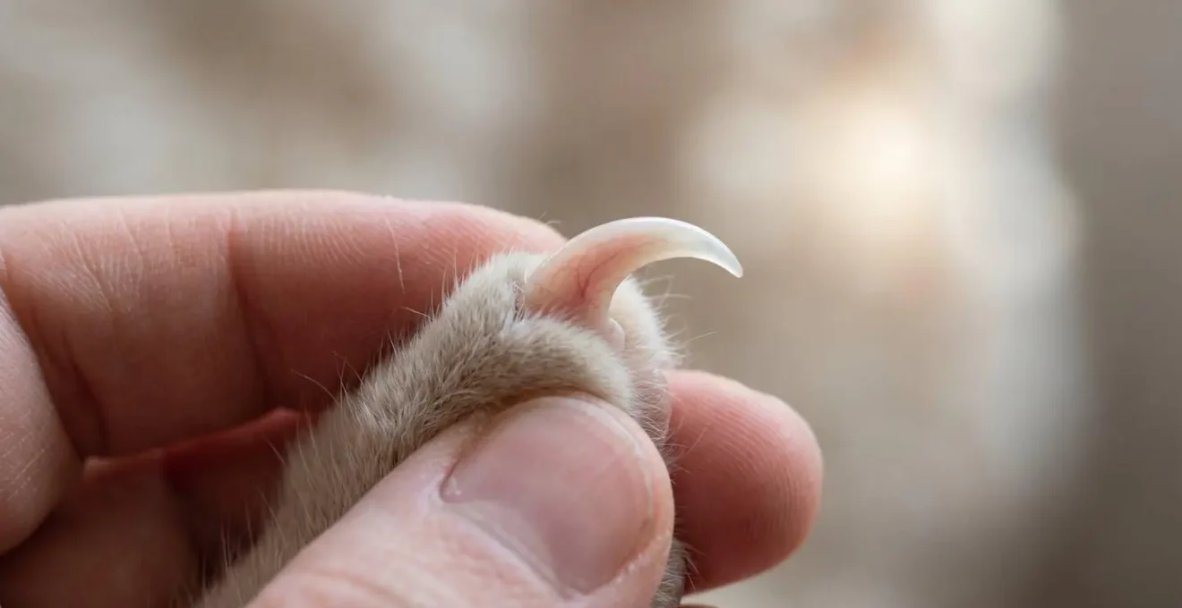 Gros plan macro sur la griffe d'un chat montrant la zone de coupe sécurisée et la pulpe à éviter