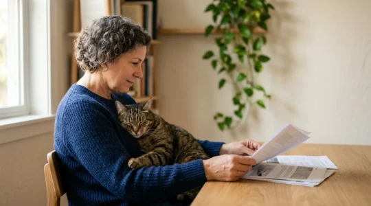 Propriétaire serein avec son chat, symbolisant la transition sécurisée vers une meilleure assurance santé animale