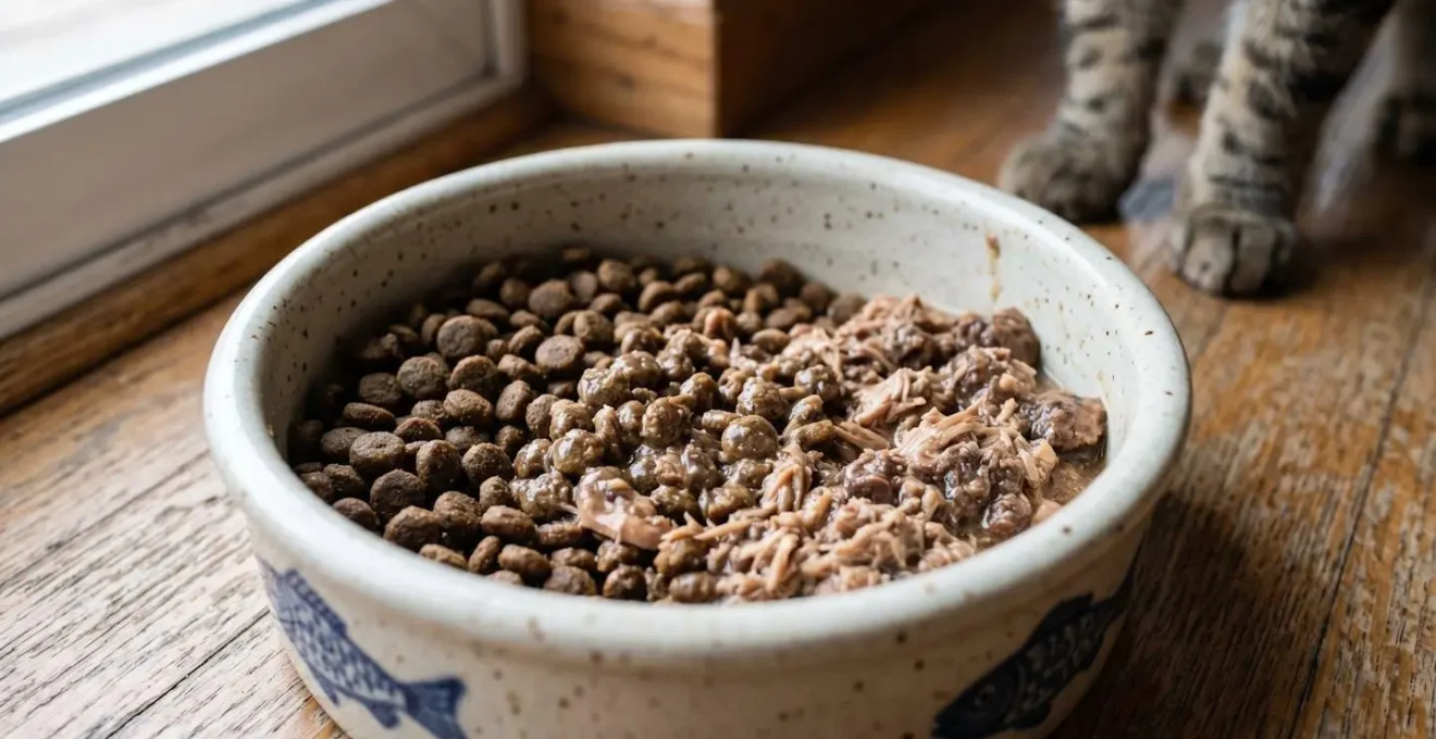 Gros plan sur une gamelle montrant le mélange progressif de croquettes et de pâtée pour chat lors d'une transition alimentaire