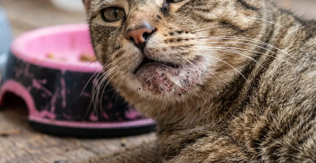 Gros plan sur le menton d'un chat illustrant la zone affectée par l'acné féline causée par les gamelles en plastique