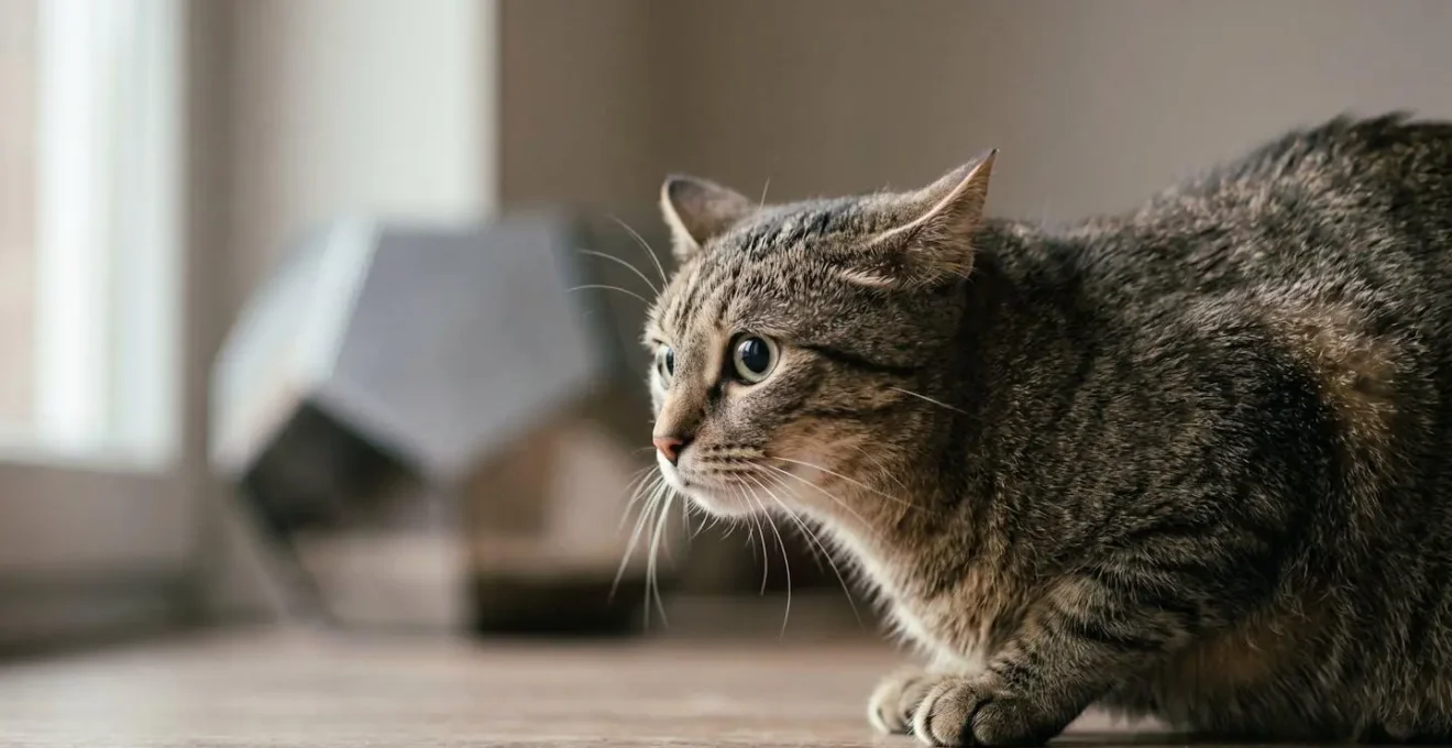 Chat domestique observant avec méfiance un dispositif moderne, illustrant le stress et l'hésitation comportementale