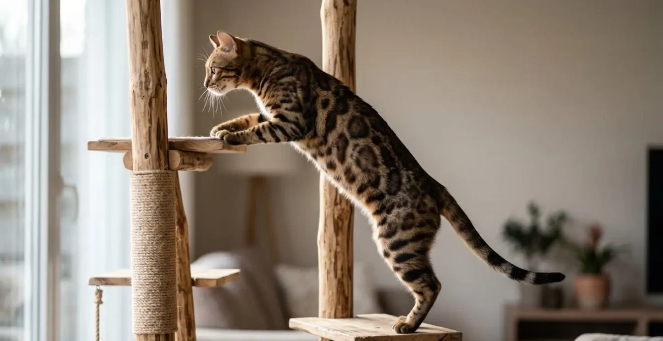 Chat énergique grimpant sur des structures verticales dans un intérieur moderne