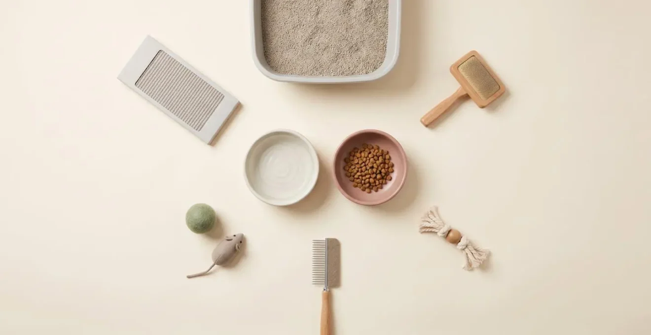 Ensemble d'accessoires de base pour chat disposés de manière épurée
