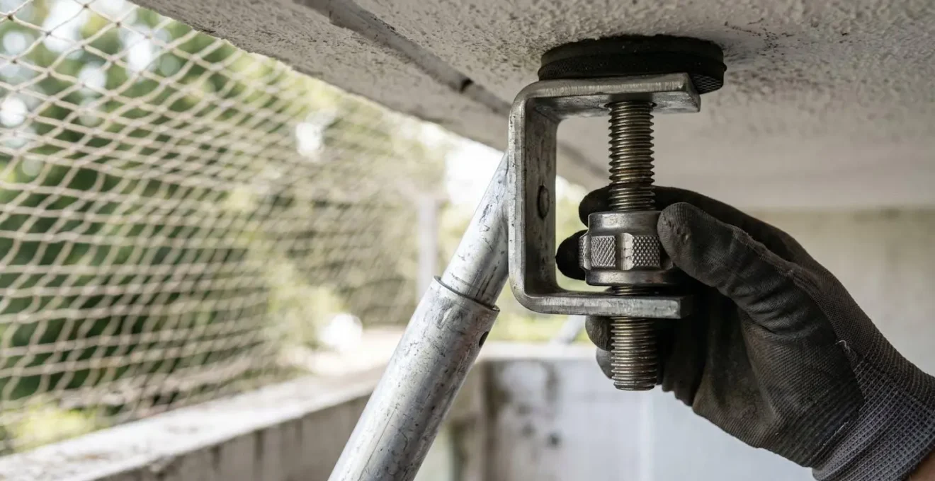 Système de fixation télescopique pour filet de protection chat sur balcon moderne