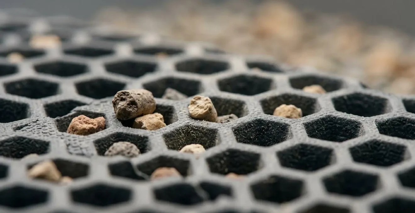 Gros plan macro sur la texture d'un tapis de sortie pour litière chat, montrant les détails des alvéoles captant les grains